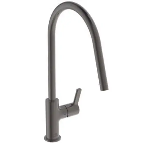 Küchenarmatur von Ideal Standard in einer grauen Oberfläche mit einem gebogenen Auslauf und einem seitlichen Hebel zur Steuerung des Wassers.